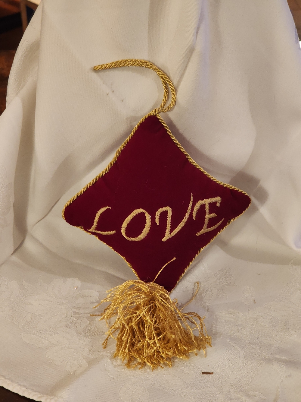 Burgundy Velvet 'LOVE' Hanging Ornament with Gold Trim And Tassel
